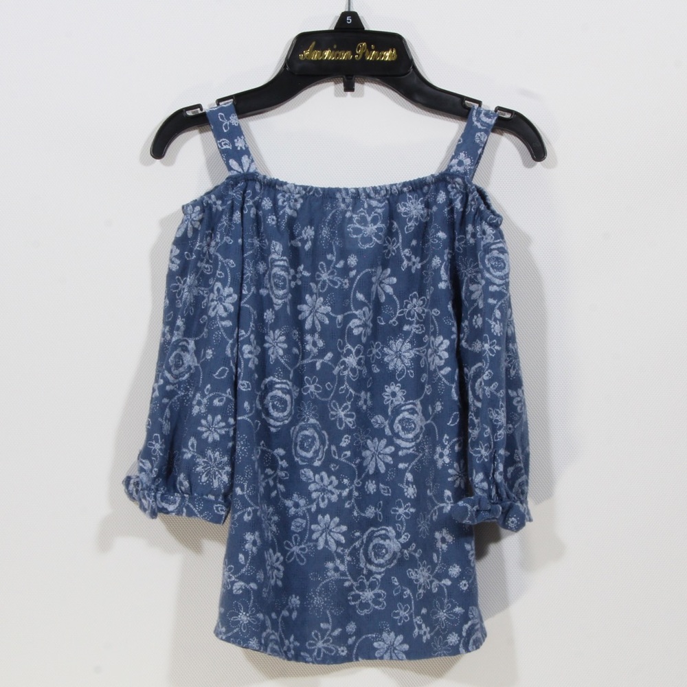 Forever Me Girls Blue Denim Long Sleeve Floral Cold Shoulder Top Size Small